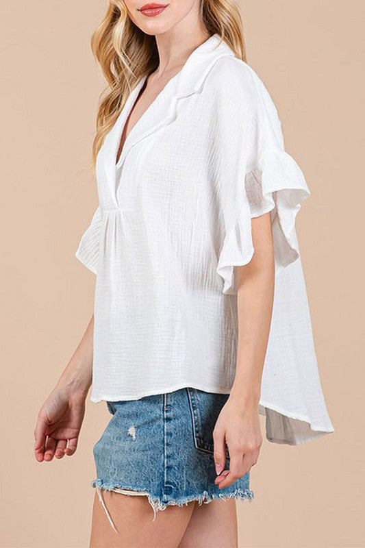 ✨ Effortless Chic: Ruffle Sleeve Collared V-Neck Loose Fit Top ✨